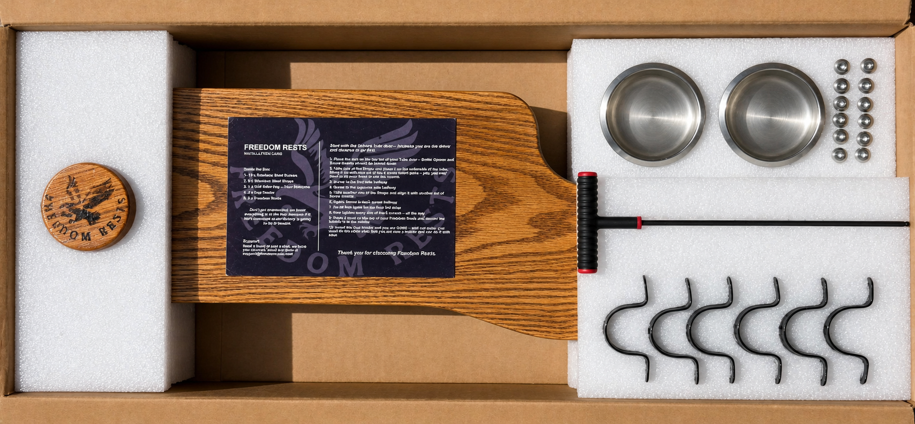 Freedom Rests armrest pair with all hardware components laid out in packaging